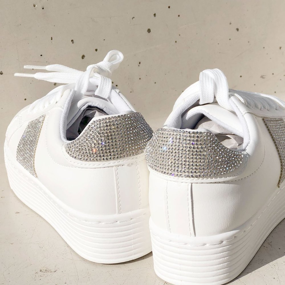 NEW White Sparkly Rhinestone Bling Bling Glam Glitz Platform Sneakers Shoes - Picture 6 of 10